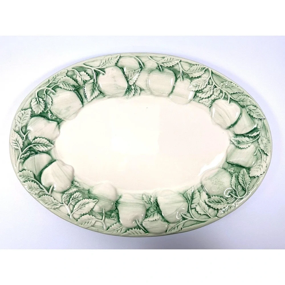 A Santos Portugal Oval Platter 8009 Green Ivory Apple Ceramic ~20